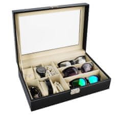 BigBuy Zárható, elegáns ékszertartó doboz átlátszó fedéllel - szemüveg és karóra tartó - 9 rekesszel, fekete (BB-8497)