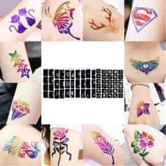 BigBuy Glitter tattoos kit - 24 db színes csillámporral, rengeteg felragasztható sablonnal, ecsetekkel és ragasztókkal (BBLPJ) (BBJ)