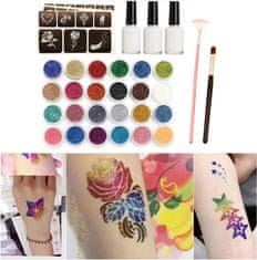 BigBuy Glitter tattoos kit - 24 db színes csillámporral, rengeteg felragasztható sablonnal, ecsetekkel és ragasztókkal (BBLPJ) (BBJ)