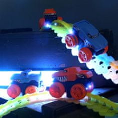 BigBuy 54 részes, kreatív, többféleképpen összerakható autópálya gyerekeknek 2 db dínós kisautóval - világít a sötétben (BBJ)