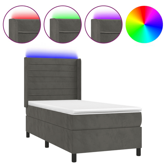 sötétszürke bársony rugós és LED-es ágy matraccal 80 x 200 cm