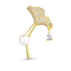JwL Luxury Pearls Csillogó aranyozott 2 az 1-ben bross kristályokkal és valódi gyönggyel Ginkgo JL0837