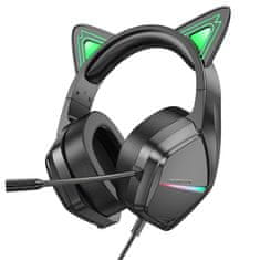 Borofone BO106 gamer fülhallgató macskafüllel USB / 3.5mm jack, fekete/zöld
