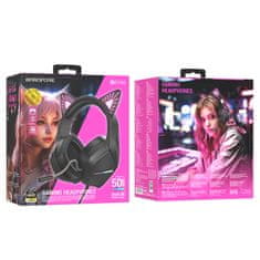 Borofone BO106 gamer fülhallgató macskafüllel USB / 3.5mm jack, fekete/rózsaszín