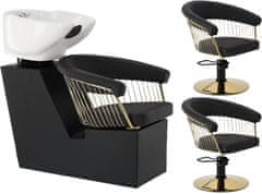 Enzo Zoe Gold készlet: fodrász mosóállomás és 2 db hidraulikus forgó fodrász fodrász fodrász szék, mozgatható mosógép, kerámia tál, szerelvények, akkumulátor, kézibeszélő