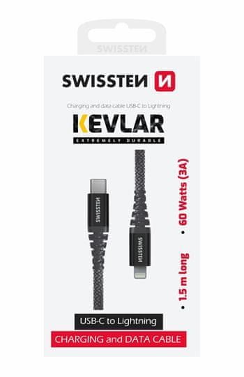 SWISSTEN ADATKÁBEL KEVLAR USB-C / LIGHTNING 1,5 M 71544010, szürke