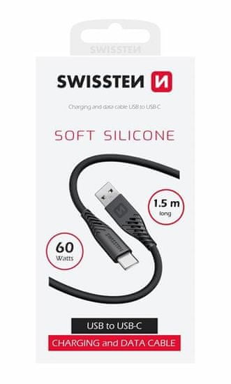 SWISSTEN ADATKÁBEL SOFT SILICONE USB / USB-C 1,5 M 60W 71531010, fekete