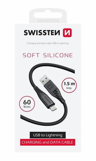 SWISSTEN ADATKÁBEL SOFT SILICONE USB / LIGHTNING 1,5 M 60W 71533010, fekete