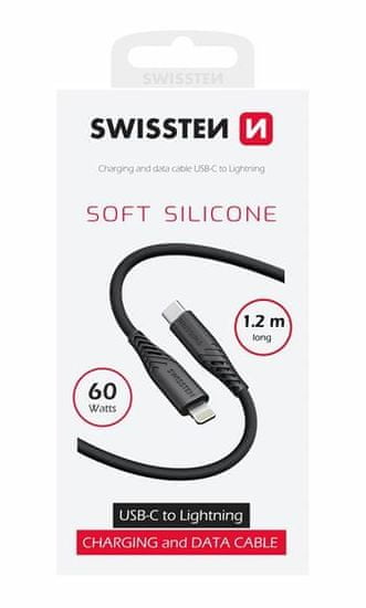 SWISSTEN ADATKÁBEL SOFT SILICONE USB-C / LIGHTNING 1,2 M 60W 71535010, fekete
