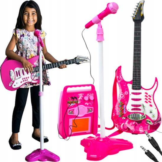 Kruzzel Gyerekkészlet LED elektromos gitár mikrofon és MP3 erősítő rózsaszín