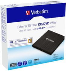 Verbatim DVD/CD külső Slimline író, USB-C 3.2, fekete, szó szerint