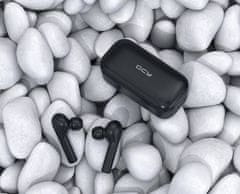 QCY - T5, teljesen vezeték nélküli fülbe helyezhető fejhallgató újratölthető zárható dobozzal, fekete