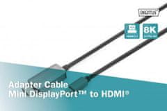 Digitus 8K@60Hz. M/M; mini DP HDMI-re; kábeladapter Alu tok; Fekete; 1m