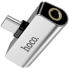 Audió és töltő adapter 2in1, elosztó, USB Type-C - USB Type-C töltő + 3.5 mm jack átalakító, 90 fokos/derékszögű csatlakozó, Hoco LS26, ezüst