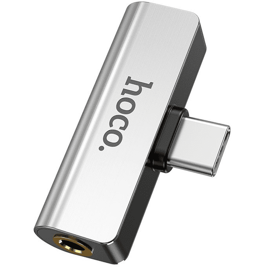Hoco Audió és töltő adapter 2in1, elosztó, USB Type-C - USB Type-C töltő + 3.5 mm jack átalakító, 90 fokos/derékszögű csatlakozó, LS26, ezüst (RS131066)