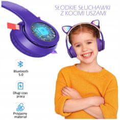 SATIS Lila LED vezeték nélküli bluetooth fejhallgató macskafüllel + mikrofon