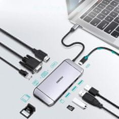 Choetech Choetech 9in1 multifunkciós USB-C HUB - 3xUSB 3.2 SD és TF kártyaolvasó HDMI 4K 30Hz VGA FHD 60Hz / USB-C / RJ45 szürke
