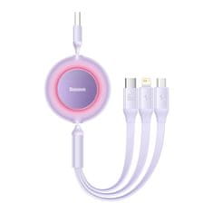 BASEUS Baseus Bright behúzható 3 az 1-ben USB A-típusú USB - micro USB + Lightning + USB-C 66W kábel 1,1m lila (CAMJ01010105)