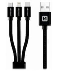SWISSTEN adatkábel 3in1 MFi, 1,2 m, textil, (micro USB, USB-C, Lightning) fekete