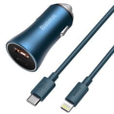 BASEUS USB-C/USB 40 WPD 3.0 Quick Charge 4+ SCP FCP AFC autós töltő + USB-C - Lightning kék kábel TZCCJD-03 Baseus