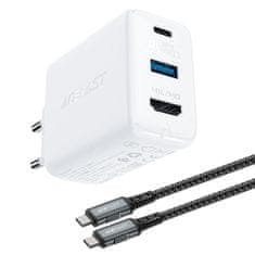 AceFast GaN 65W-os USB-C/USB hálózati töltő adapter HDMI 4K adapter kábellel fehér Acefast