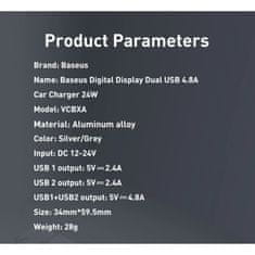 BASEUS Autótöltő 2x USB 48A 24W LCD kijelzővel ezüst CCBX-0S Baseus