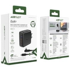 AceFast GaN 3xUSB-C/1xUSB-A 100W hálózati töltő fekete + USB-C 100W 2m-es szögletes kábel fekete Acefast