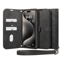 Spigen Apple iPhone 15 Pro, Oldalra nyíló tok, stand, kártyatartóval, kézpánttal, Wallett S Pro, fekete (RS150466)