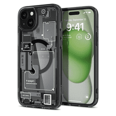 Spigen Apple iPhone 15 Plus, Műanyag hátlap védőtok + szilikon keret, Magsafe töltővel kompatibilis, iPhone belső minta, Ultra Hybrid Zero One Mag, átlátszó/füst (RS149058)
