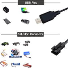YUNIQUE GREEN-CLEAN USB univerzális RC töltőkábel SM-3P csatlakozóval 2S 7.4V LiPo akkumulátorral kompatibilis RC autó / autó / repülőgép / drón / RC hajó és egyéb távirányító játékok