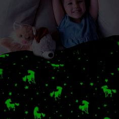 Netscroll Varázslatos takaró, ami sötétben világít, csillagok és unikornisok mintájával, rendkívül puha és meleg, kék színű, világító takaró, kiváló ajándék ötlet, 150x100 cm, LuminousBlanket-samorogi