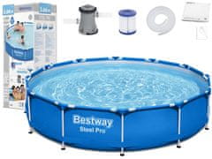 Bestway 366x76 cm-es fémvázas családi medence kék színben vízforgatóval, szűrővel és beszereléshez szükséges csövekkel