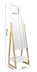 RAMIZ Skandináv stílusú álló tükör fehér fa keretben, tárolópolccal 149 cm