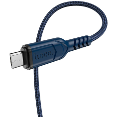 USB töltő- és adatkábel, microUSB, 100 cm, 2400 mA, törésgátlóval, gyorstöltés, QC, cipőfűző minta, Hoco X59 Victory, sötétkék