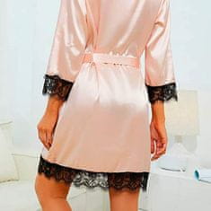 Netscroll Női 4-részes alsónemű készlet, női pizsama csipkés mintával és selyem-szatén beütéssel, finom rózsaszín-fekete kombináció, kényelmes és puha, bugyi, köntös, brazil bugyi és melltartó, LuxurySet