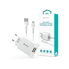 Devia 2xUSB hálózati töltő adapter + USB - Type-C kábel 1 m-es vezetékkel - Smart Series Charger Suit With Type-C Cable - 5V/2.4A - fehér (ST364037)
