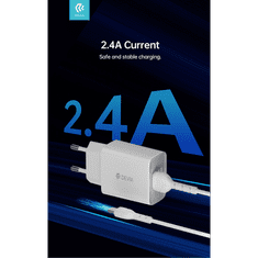 Devia 2xUSB hálózati töltő adapter + USB - Type-C kábel 1 m-es vezetékkel - Smart Series Charger Suit With Type-C Cable - 5V/2.4A - fehér (ST364037)