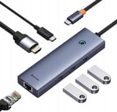 BASEUS Ultra Joy USB 6in1 hub (USB-C/1xHDMI4K30Hz/3xUSB 3.0/1xPD/RJ45) B00052807813-00 szürke