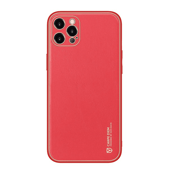Dux Ducis Apple iPhone 12 Pro Max, Műanyag hátlap védőtok + szilikon fémhatású keret, közepesen ütésálló, bőrhatású hátlap, Yolo, piros (105547)