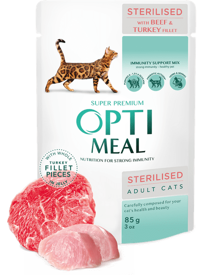 OptiMeal nedves eledel sterilizált macskáknak - Marhahús pulyka gal 12x85g