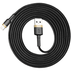 USB töltő- és adatkábel, Lightning, 200 cm, 1500 mA, törésgátló, cipőfűző minta, Baseus Cafule, CALKLF-CV1, fekete/arany