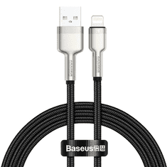 BASEUS USB töltő- és adatkábel, Lightning, 100 cm, 2400 mA, törésgátlóval, gyorstöltés, cipőfűző minta, Cafule Metal, CALJK-A01, fekete (RS121919)