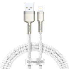 USB töltő- és adatkábel, Lightning, 100 cm, 2400 mA, törésgátlóval, gyorstöltés, cipőfűző minta, Baseus Cafule Metal, CALJK-A02, fehér