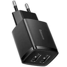 BASEUS Hálózati töltő adapter, 10.5W, 2 x USB aljzat, gyorstöltés, Compact, fekete (RS124914)