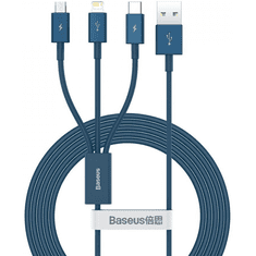 USB töltő- és adatkábel 3in1, USB Type-C, Lightning, microUSB, 150 cm, 3500 mA, törésgátlóval, gyorstöltés, Baseus Superior, CAMLTYS-03, kék