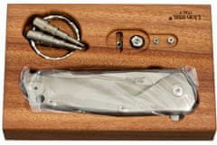 LionSteel TRE GY Összecsukható kés, M390 penge, titán nyél GREY Acc. IKBS fa KIT doboz