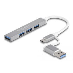 DELOCK 4 portos vékony USB Hub USB Type-C vagy USB A-típusú - 3 x USB 2.0 Type-A csatlakozóhüvely + 1 x USB 5 Gbps Type-A csatlakozóhüvely (64214)