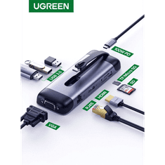 Ugreen 9 az 1-ben adapter USB-C hub HDMI 4K-hoz FHD VGA 3x USB 3.0 PD SD / TF USB-C szürke (70409) (UG70409)