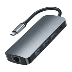 REMAX USB-C 9in1 Hub 3x USB 3.0, USB-C, RJ45, HDMI, 3.5 mm, SD/TF szürke (RU-U91) (RU-U91)