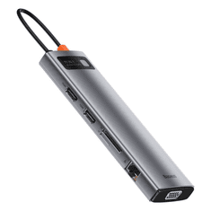 BASEUS Metal Gleam Series 11 az 1-ben hub, USB-C-3x USB 3.0 + 2x HDMI + USB-C PD + Ethernet RJ45 + microSD / SD + VGA + AUX (CAHUB-CT0G) (CAHUB-CT0G)